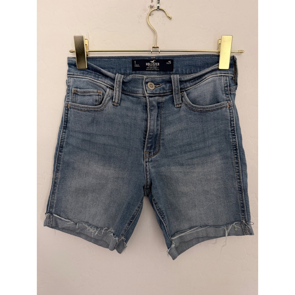 Hollister Mid-Rise Short 7 Inch Medium Wash Denim Frayed Hem Soft Sz 1 25